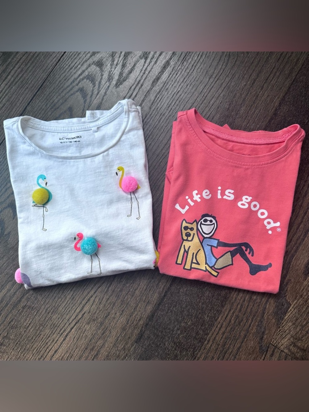 Girls T-Shirt Bundle LC Waikiki Flamingo Pom Pom + Life is Good Tee 10-11 Years